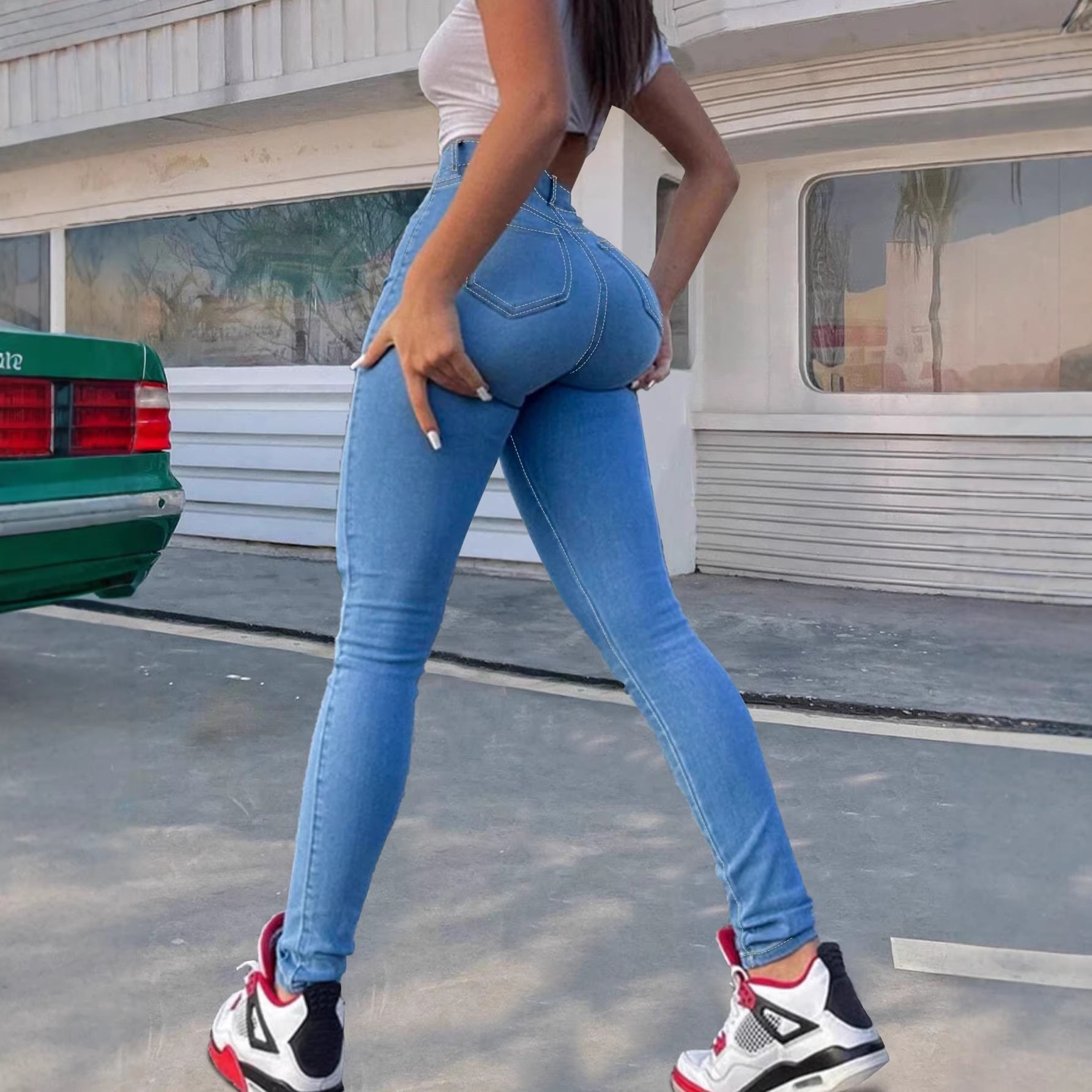 Light Blue Denim Skinny Pants Elastic Pencil Pants Casual Fashion Stretch Bottoms - DEA collection