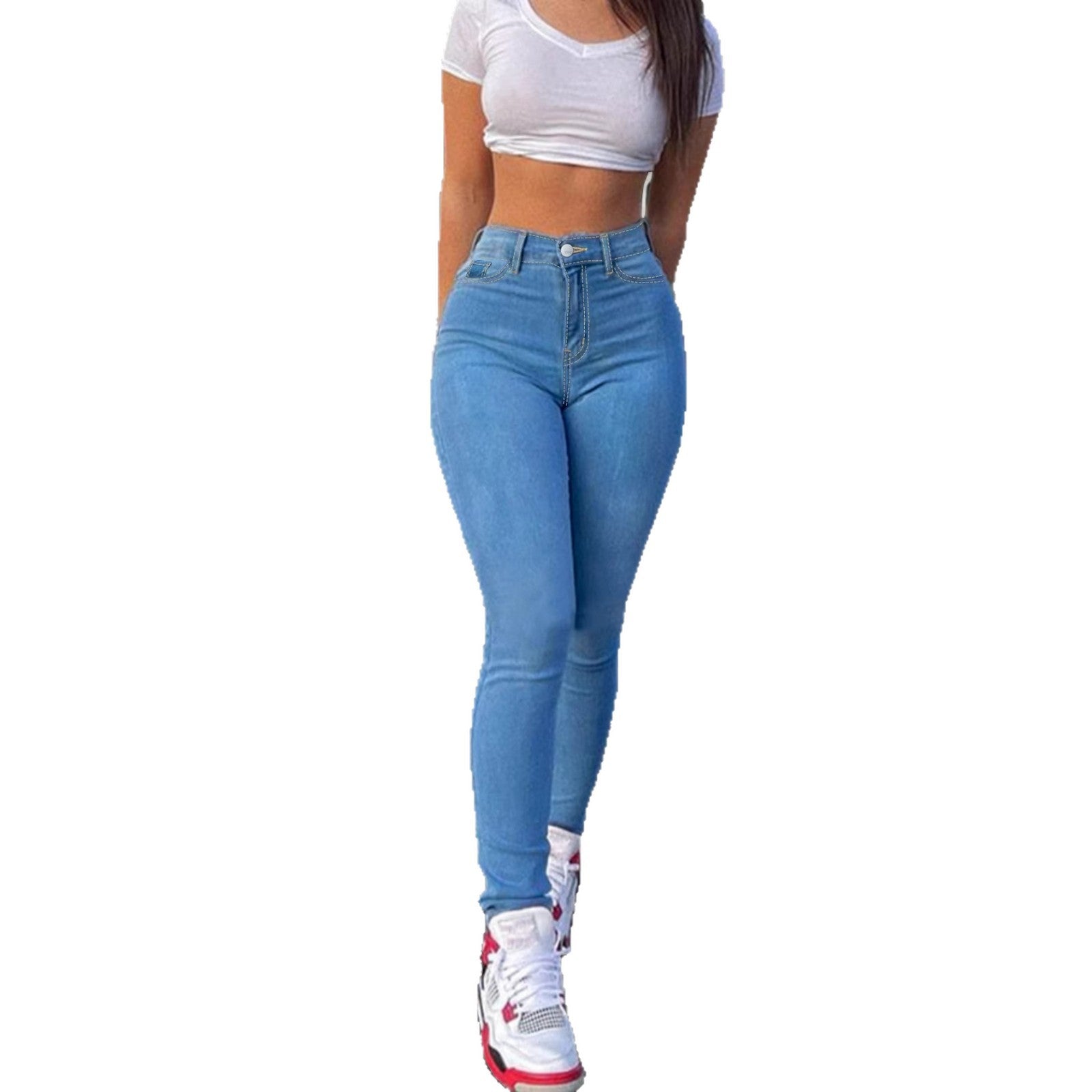 Light Blue Denim Skinny Pants Elastic Pencil Pants Casual Fashion Stretch Bottoms - DEA collection