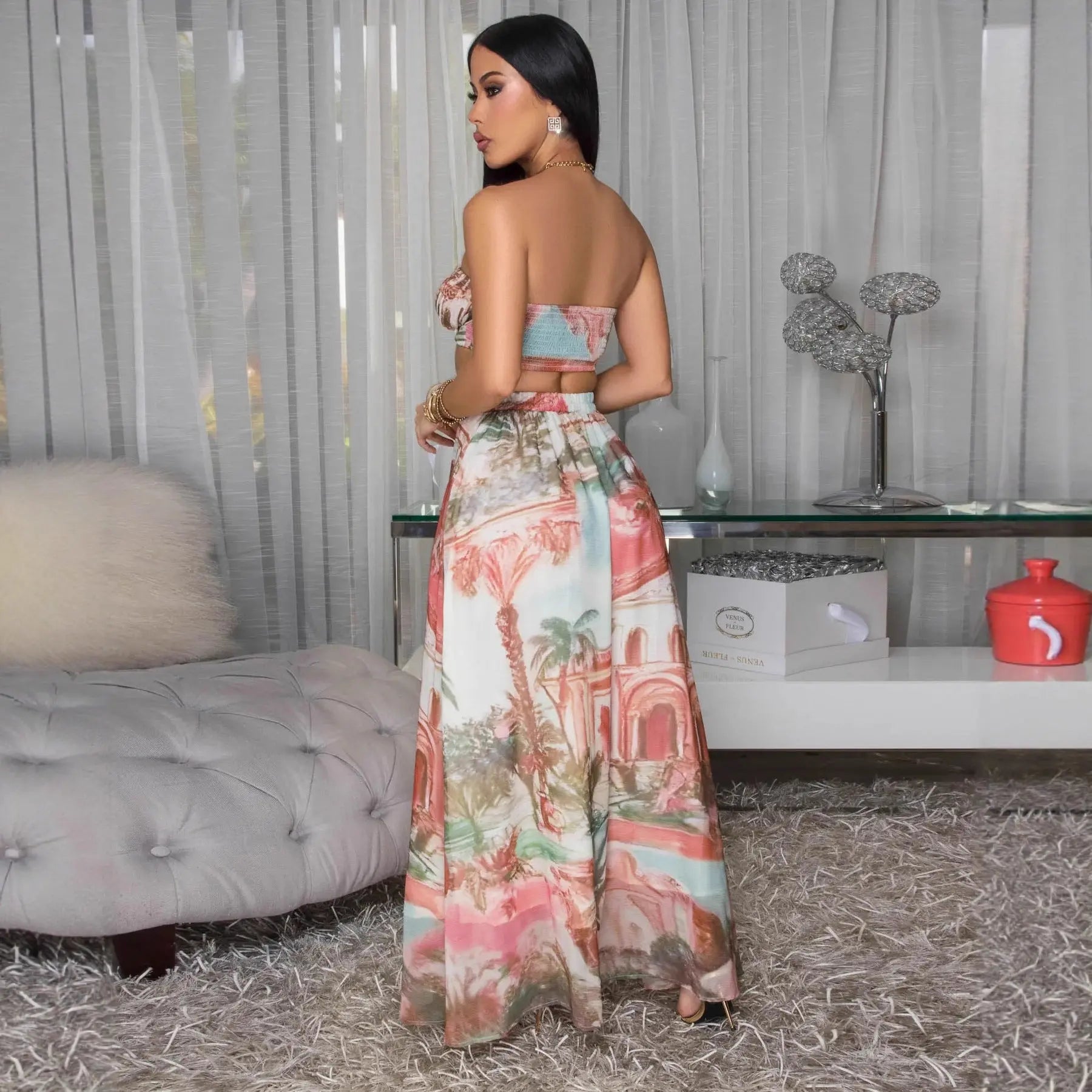 Casual Printed Two-Piece Set with Short Crop Top and High-Waisted Chiffon Printed Long Skirt - DEA collection