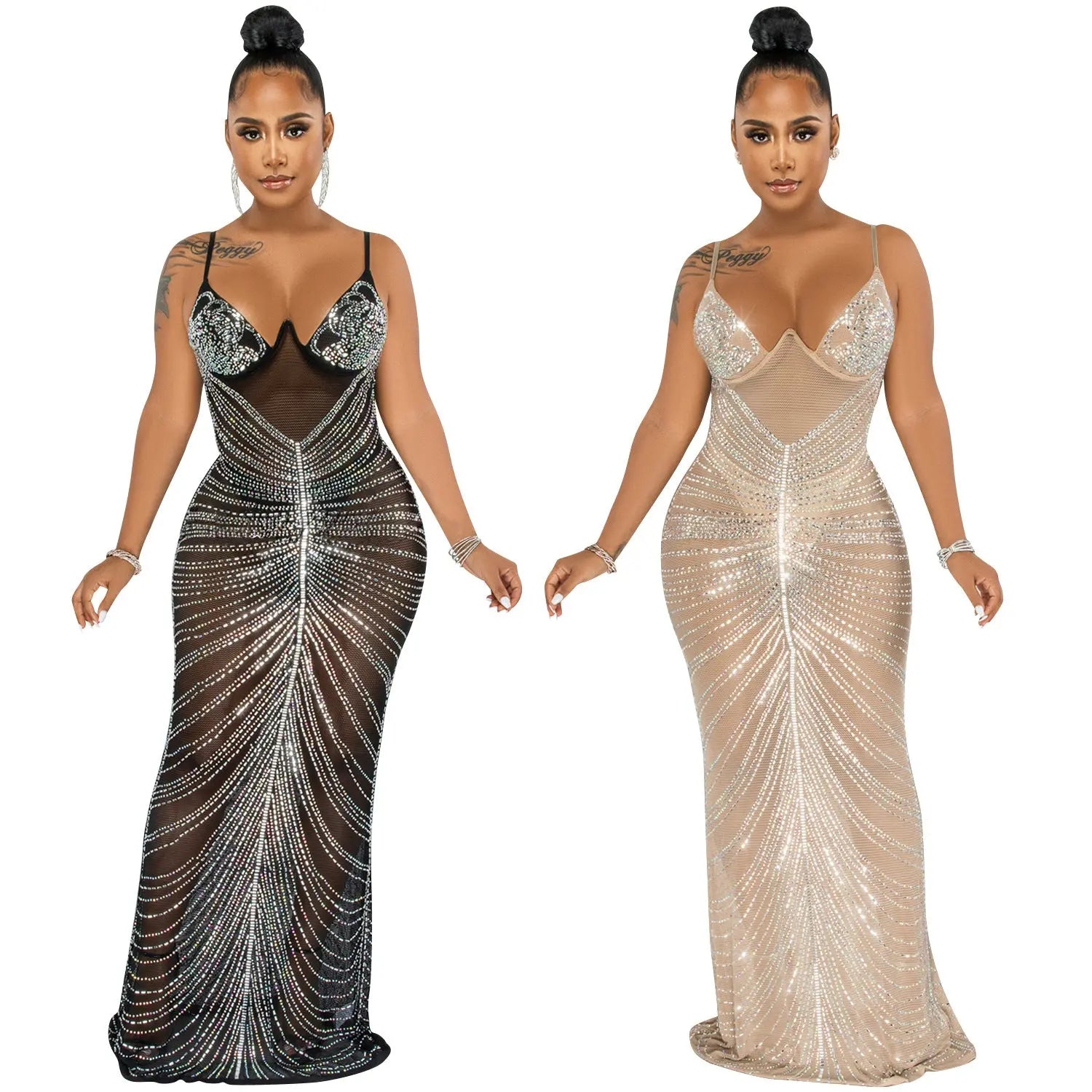 Beaded Strapless Mesh Long Dress - DEA collection