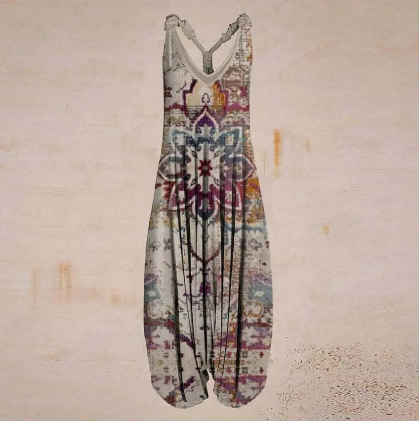 Casual SexyPrinted Sleeveless Loose Knit Cotton Blend Overalls Pants - DEA collection