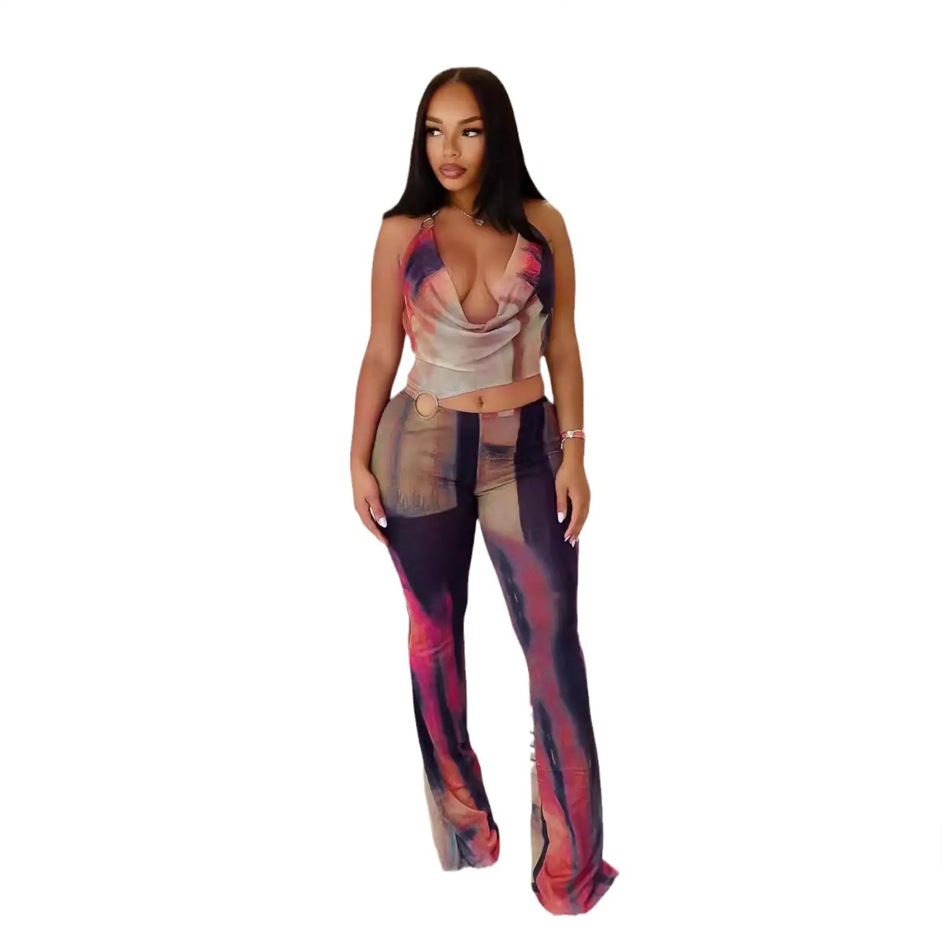 Sheer Mesh Printed Wide-Leg Jumpsuit - DEA collection