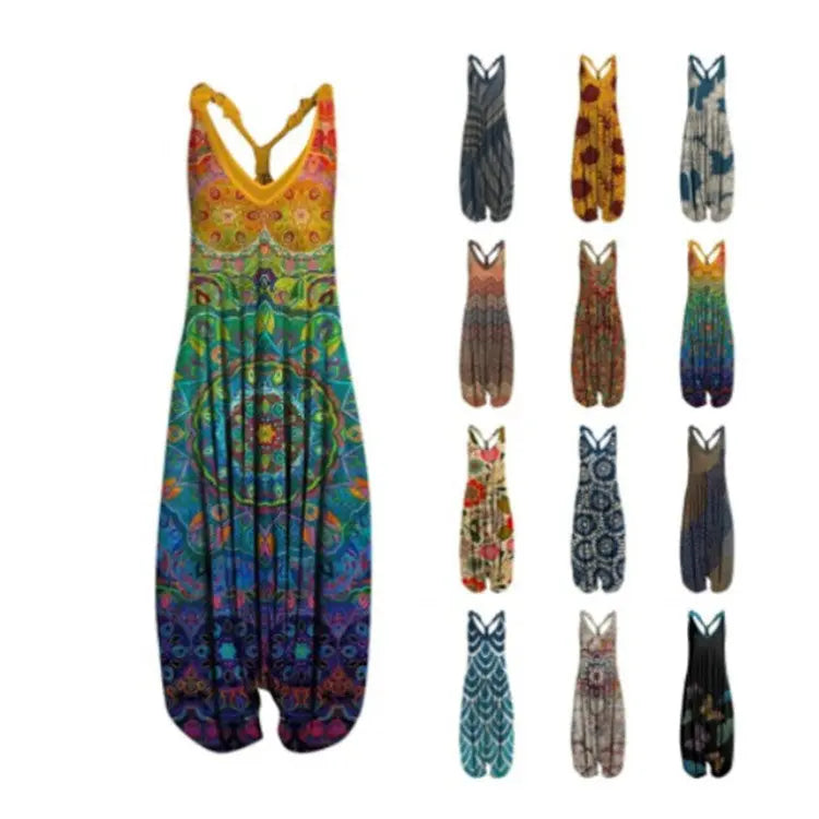 Casual SexyPrinted Sleeveless Loose Knit Cotton Blend Overalls Pants - DEA collection