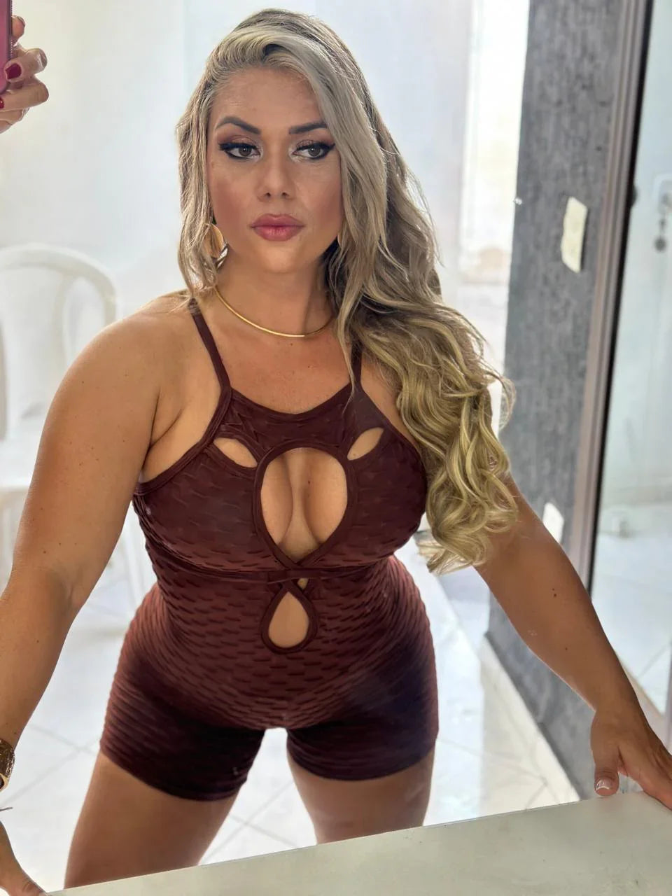 SCRUNCH BOOTY BROWN WAVE DROP SHORT JUMPSUIT - DEA collection