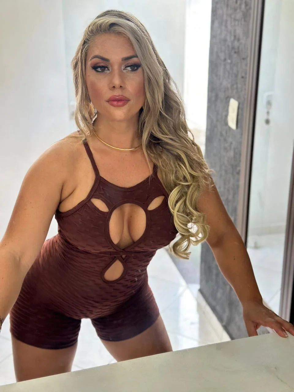 SCRUNCH BOOTY BROWN WAVE DROP SHORT JUMPSUIT - DEA collection