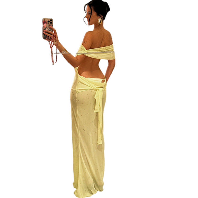 Spring Women Solid Color Sexy Sheer Mesh Design Backless Sheath Dress - DEA collection