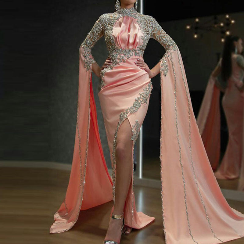 Women Clothing Dress Turtleneck Long Sleeve Dress Slit Irregular Asymmetric Evening Dress - DEA collection