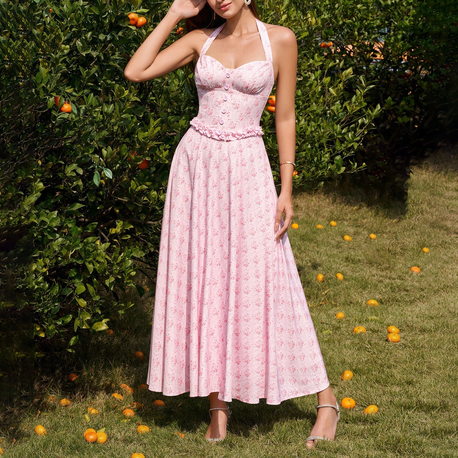 Four Sided Stretch Halter Tied Dress Sexy Backless Smocking Waist Slimming Wooden Ear Dress - DEA collection