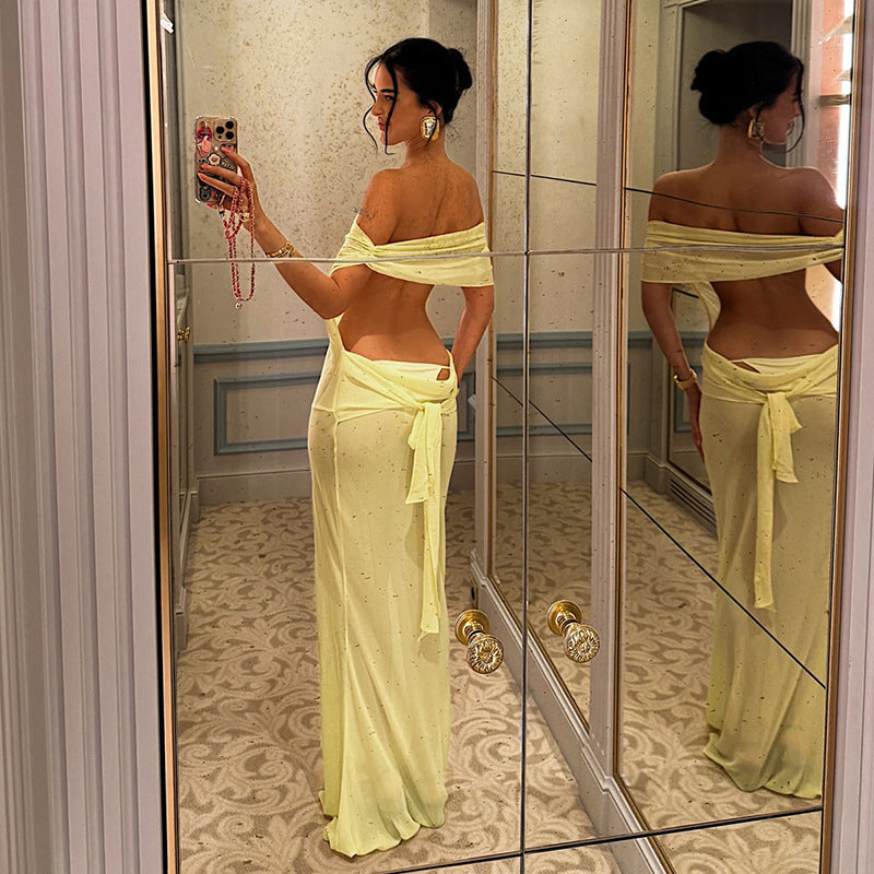 Spring Women Solid Color Sexy Sheer Mesh Design Backless Sheath Dress - DEA collection