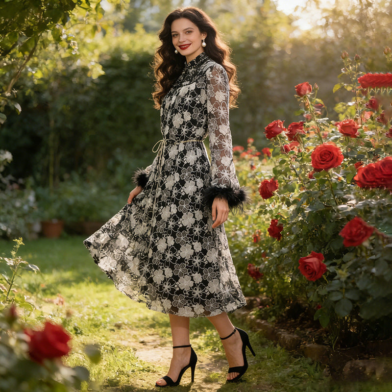 Spring Elegant Retro Stand Collar Fur Bell Sleeve Waist Slimming Floral Dress - DEA collection