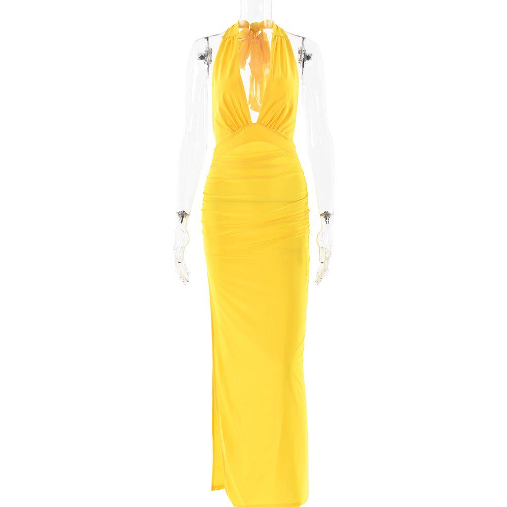 Summer Sexy V neck Halter Backless Dress Solid Color Split Dress - DEA collection