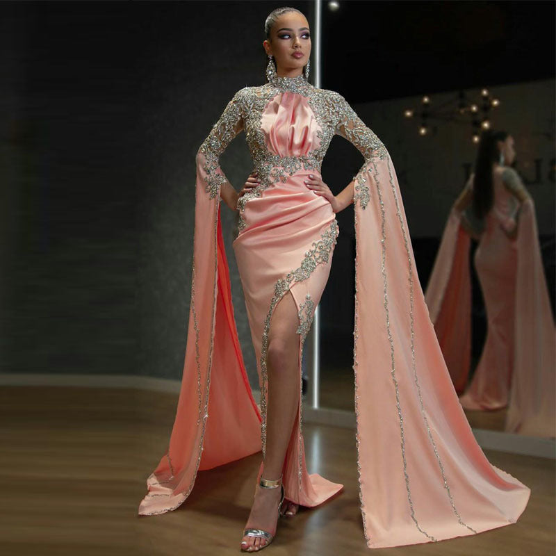 Women Clothing Dress Turtleneck Long Sleeve Dress Slit Irregular Asymmetric Evening Dress - DEA collection