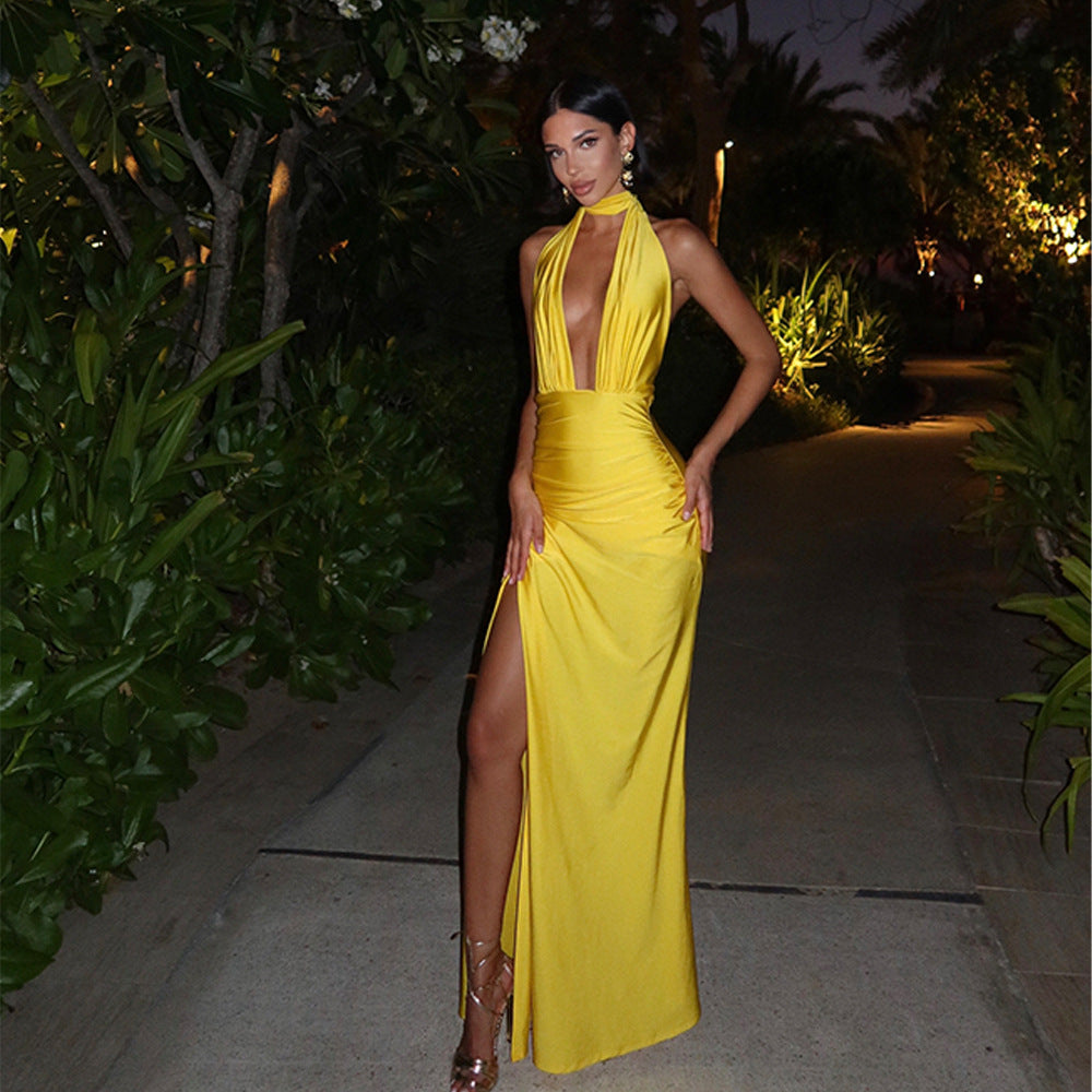 Summer Sexy V neck Halter Backless Dress Solid Color Split Dress - DEA collection