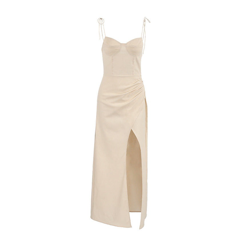 Summer Women Clothing Khaki Cotton Linen Split Suspender Sexy Slim Dress - DEA collection