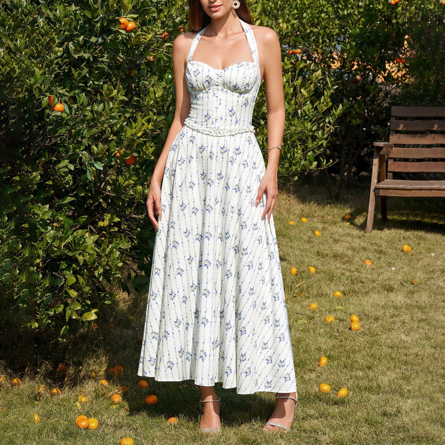 Four Sided Stretch Halter Tied Dress Sexy Backless Smocking Waist Slimming Wooden Ear Dress - DEA collection