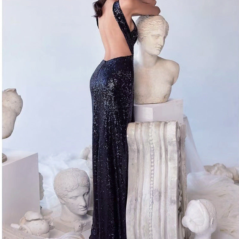 Summer Black Paillette Backless Sleeveless Hollow Out Cutout Sexy High Waist Slit Dress for Women - DEA collection