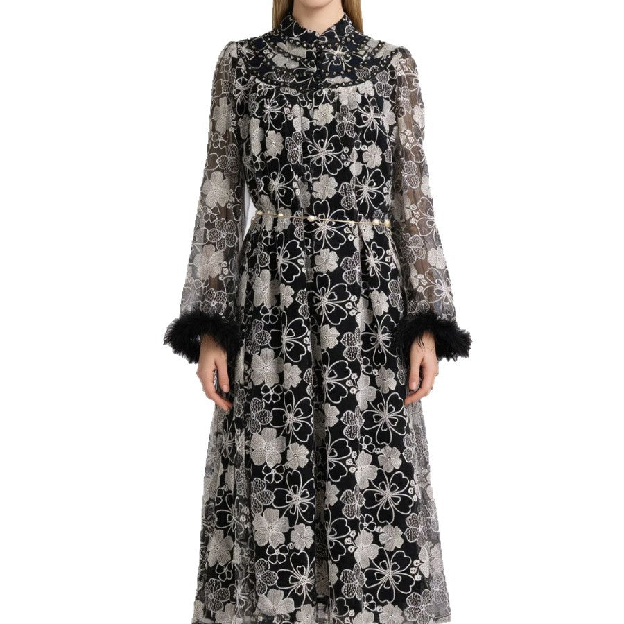 Spring Elegant Retro Stand Collar Fur Bell Sleeve Waist Slimming Floral Dress - DEA collection