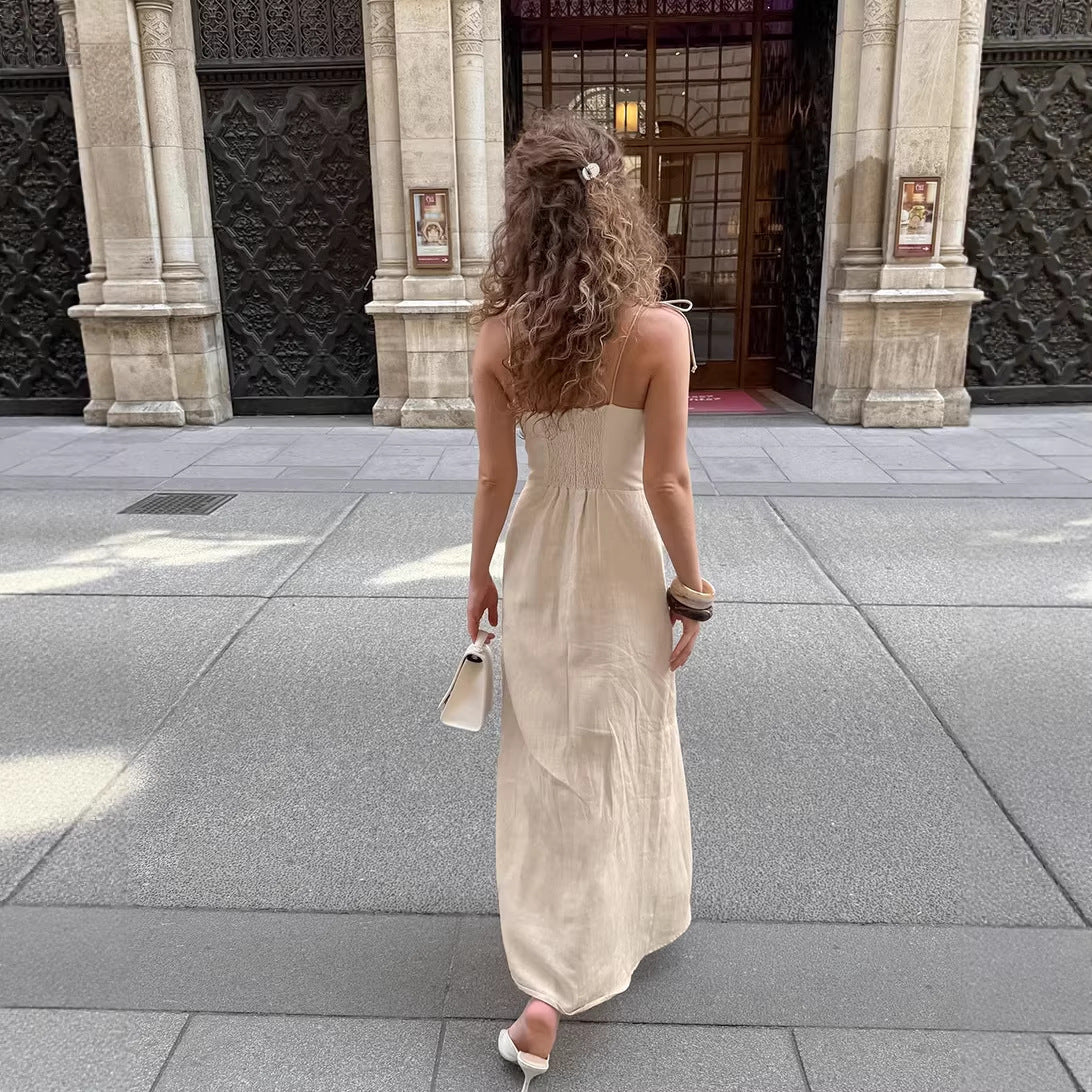 Summer Women Clothing Khaki Cotton Linen Split Suspender Sexy Slim Dress - DEA collection