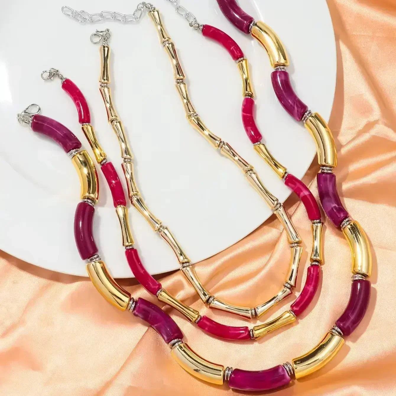3 pieces/set Bohemian Acrylic Bamboo Beads Choker Necklace Set for Women Chunky Tube Necklaces 2024 Accessories Jewelry - DEA collection