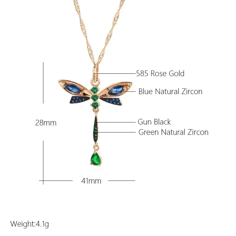 Kinel Hot Blue Natural Zircon Dragonfly Pendant Necklace For Women 585 Rose Gold and Black Plating Vintage Daily Fine Jewelry - DEA collection
