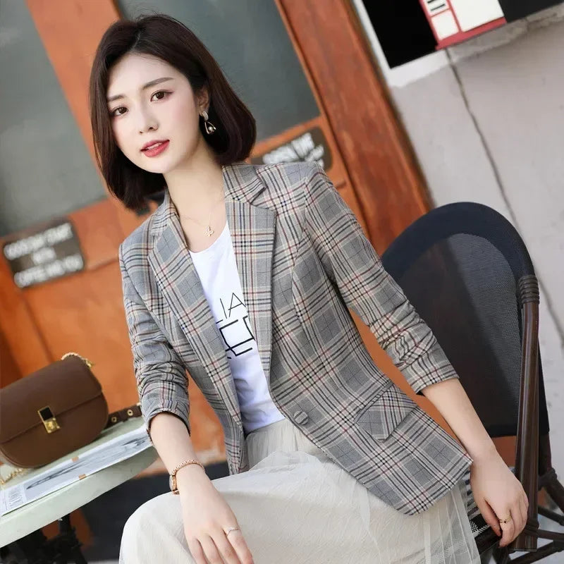 Gray Striped Plaid Blazer Jacket Women's Fashion Slim Coats V-Neck Single Button Ladies Blazers S-XXXXXL - DEA collection