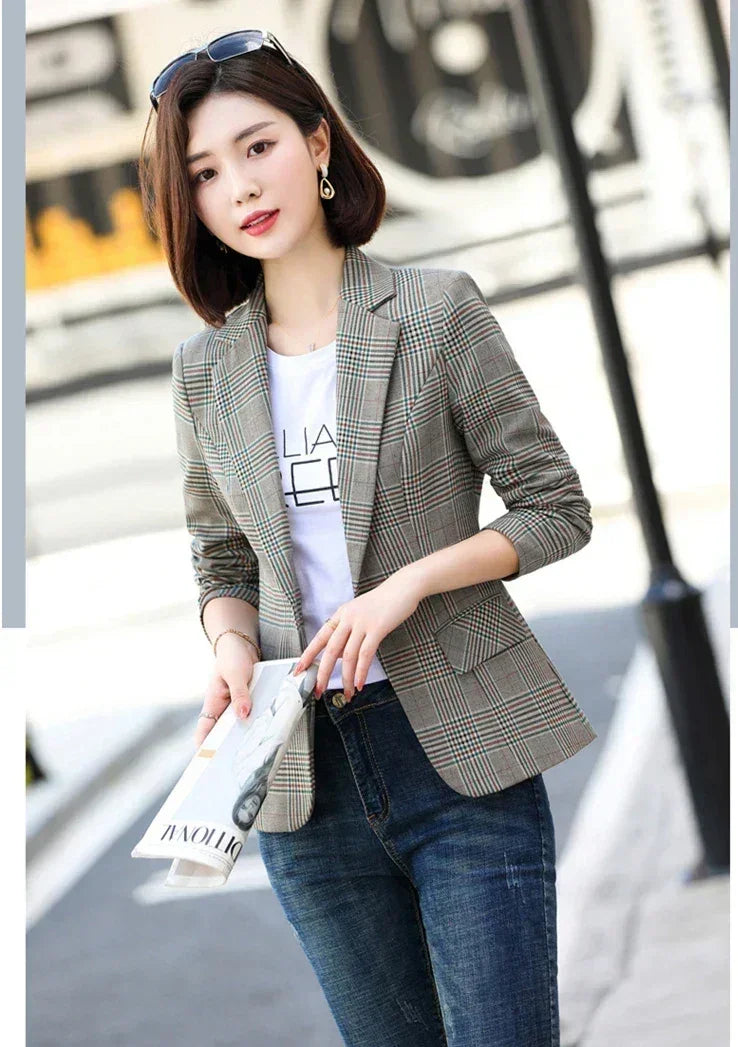 Gray Striped Plaid Blazer Jacket Women's Fashion Slim Coats V-Neck Single Button Ladies Blazers S-XXXXXL - DEA collection