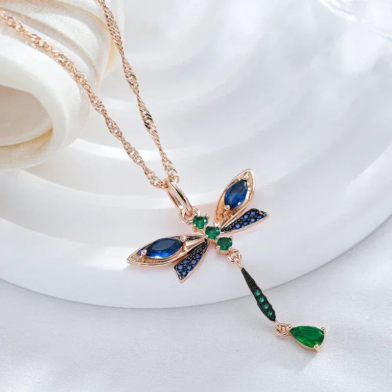 Kinel Hot Blue Natural Zircon Dragonfly Pendant Necklace For Women 585 Rose Gold and Black Plating Vintage Daily Fine Jewelry - DEA collection