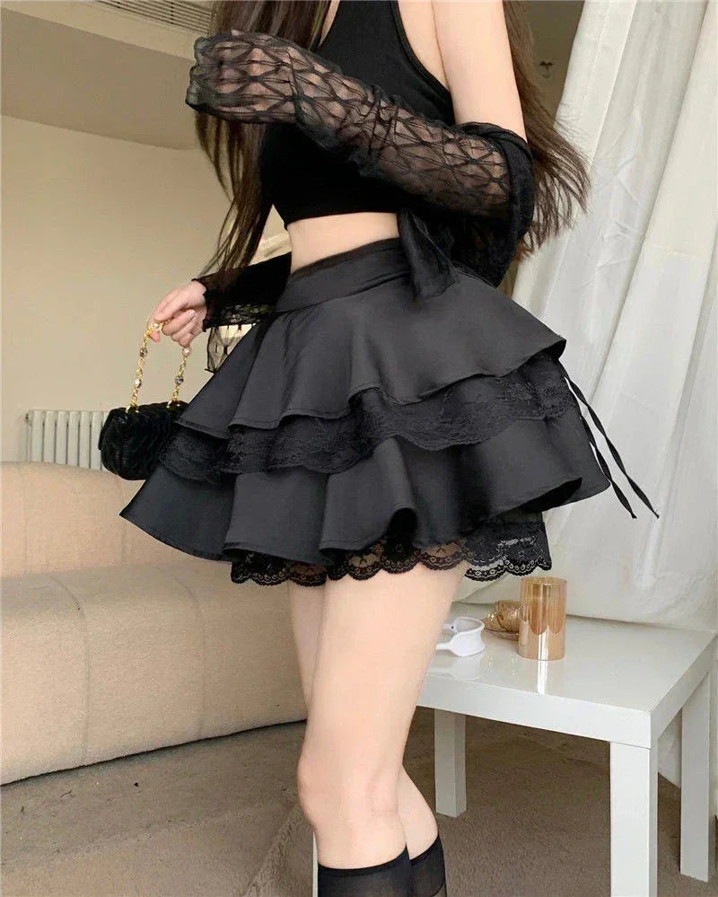Y2K Sweet Solid Women Mini Skirt Summer High Waist Lace Patchwork Ladies Ball Gown Fashion All Match Ruffles Female Skirt - DEA collection