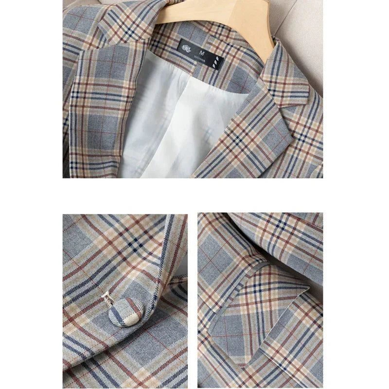 Gray Striped Plaid Blazer Jacket Women's Fashion Slim Coats V-Neck Single Button Ladies Blazers S-XXXXXL - DEA collection