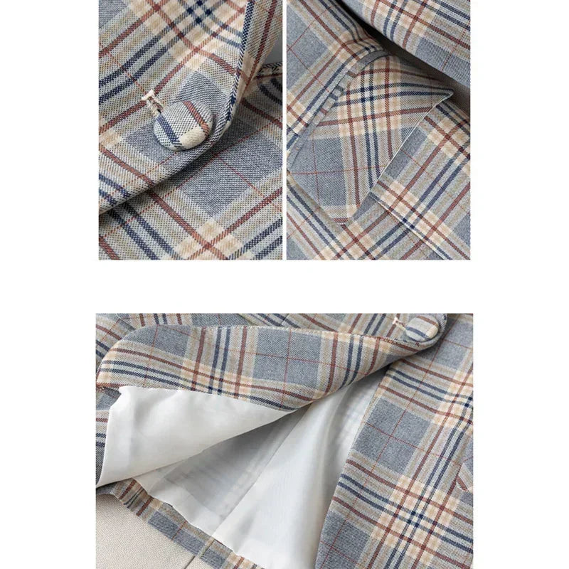 Gray Striped Plaid Blazer Jacket Women's Fashion Slim Coats V-Neck Single Button Ladies Blazers S-XXXXXL - DEA collection