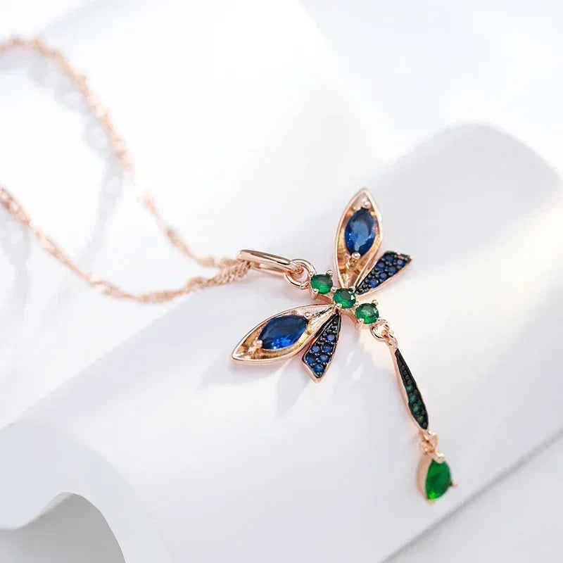 Kinel Hot Blue Natural Zircon Dragonfly Pendant Necklace For Women 585 Rose Gold and Black Plating Vintage Daily Fine Jewelry - DEA collection