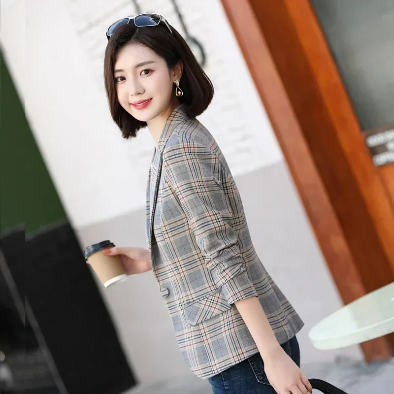 Gray Striped Plaid Blazer Jacket Women's Fashion Slim Coats V-Neck Single Button Ladies Blazers S-XXXXXL - DEA collection