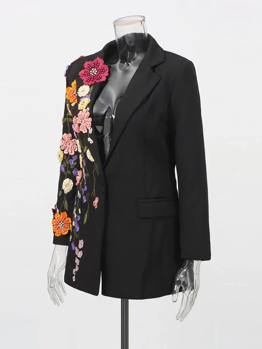 TWOTWINSTYLE Hit Color Spliced Appliques Fashion Blazers for Women Lapel Long Sleeves Patchwork Bead Temperament Blazer Female - DEA collection