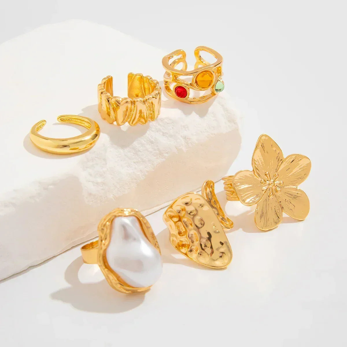 Ingemark 2025 New Irregular Exaggerated Metal Flower Open Rings Women Elegant Baroque Imitation Pearl Ring Jewelry Accessories - DEA collection