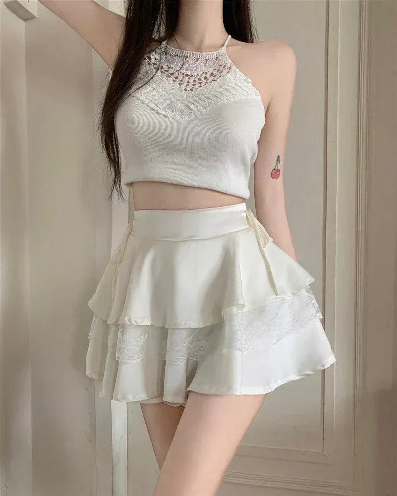 Y2K Sweet Solid Women Mini Skirt Summer High Waist Lace Patchwork Ladies Ball Gown Fashion All Match Ruffles Female Skirt - DEA collection