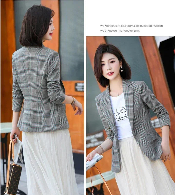 Gray Striped Plaid Blazer Jacket Women's Fashion Slim Coats V-Neck Single Button Ladies Blazers S-XXXXXL - DEA collection