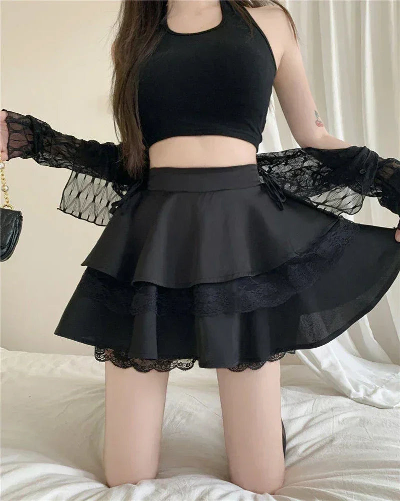 Y2K Sweet Solid Women Mini Skirt Summer High Waist Lace Patchwork Ladies Ball Gown Fashion All Match Ruffles Female Skirt - DEA collection
