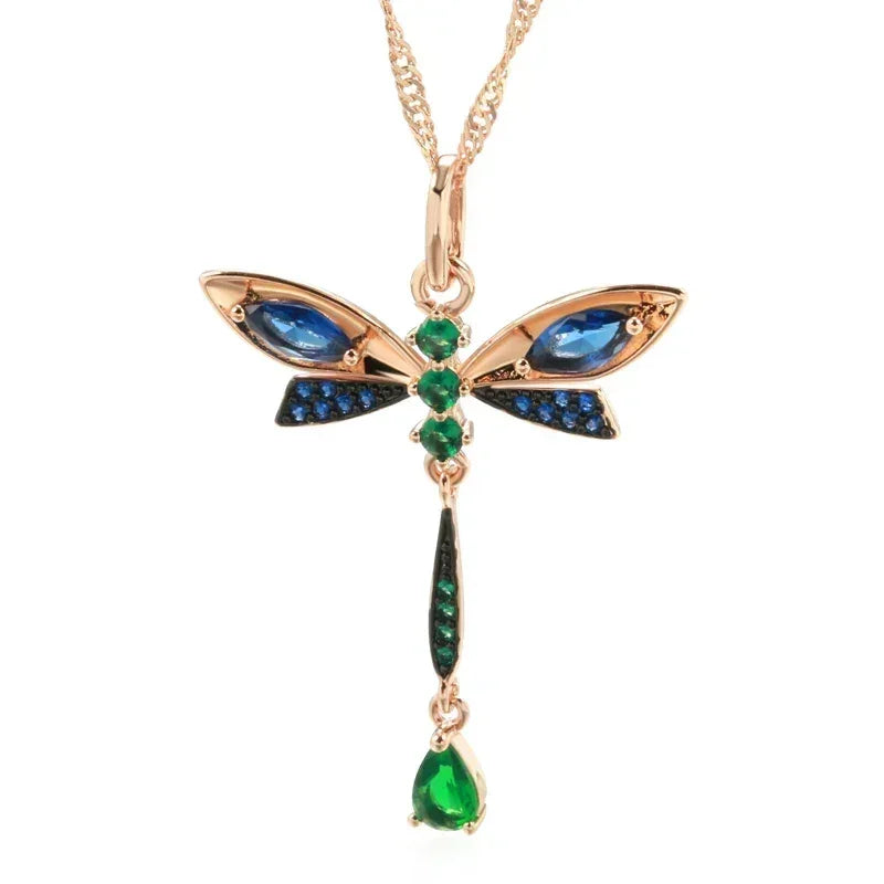 Kinel Hot Blue Natural Zircon Dragonfly Pendant Necklace For Women 585 Rose Gold and Black Plating Vintage Daily Fine Jewelry - DEA collection