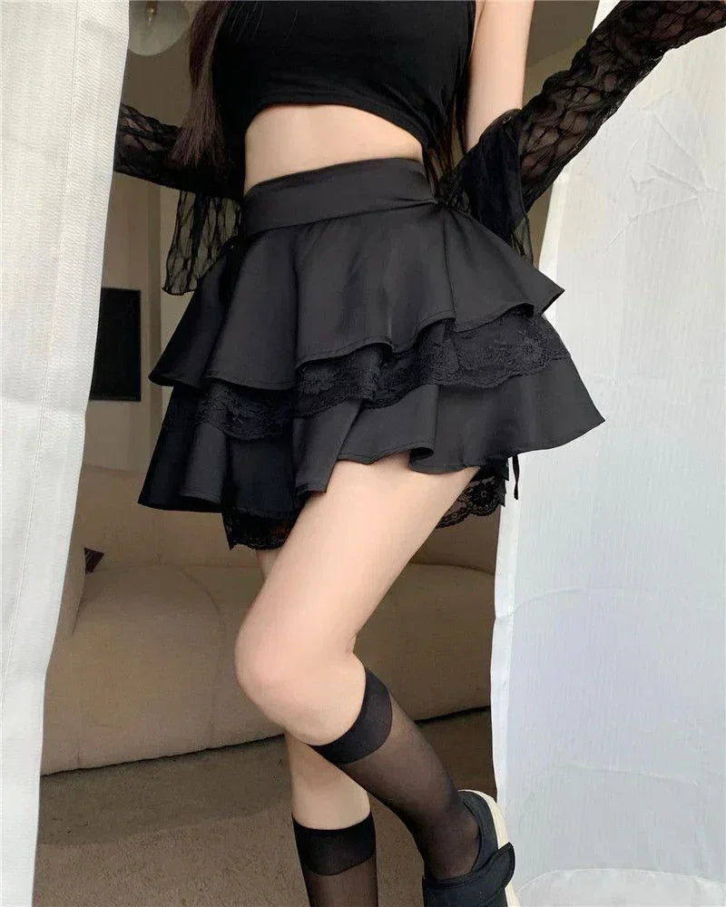 Y2K Sweet Solid Women Mini Skirt Summer High Waist Lace Patchwork Ladies Ball Gown Fashion All Match Ruffles Female Skirt - DEA collection