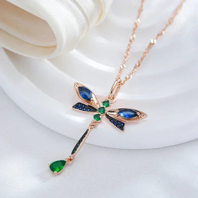 Kinel Hot Blue Natural Zircon Dragonfly Pendant Necklace For Women 585 Rose Gold and Black Plating Vintage Daily Fine Jewelry - DEA collection