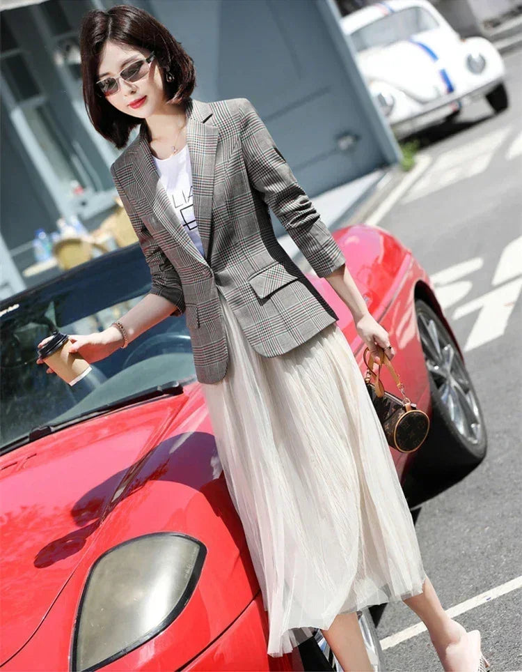 Gray Striped Plaid Blazer Jacket Women's Fashion Slim Coats V-Neck Single Button Ladies Blazers S-XXXXXL - DEA collection
