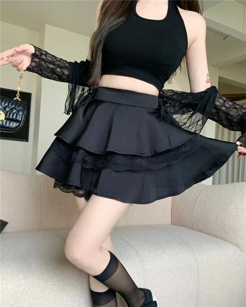 Y2K Sweet Solid Women Mini Skirt Summer High Waist Lace Patchwork Ladies Ball Gown Fashion All Match Ruffles Female Skirt - DEA collection
