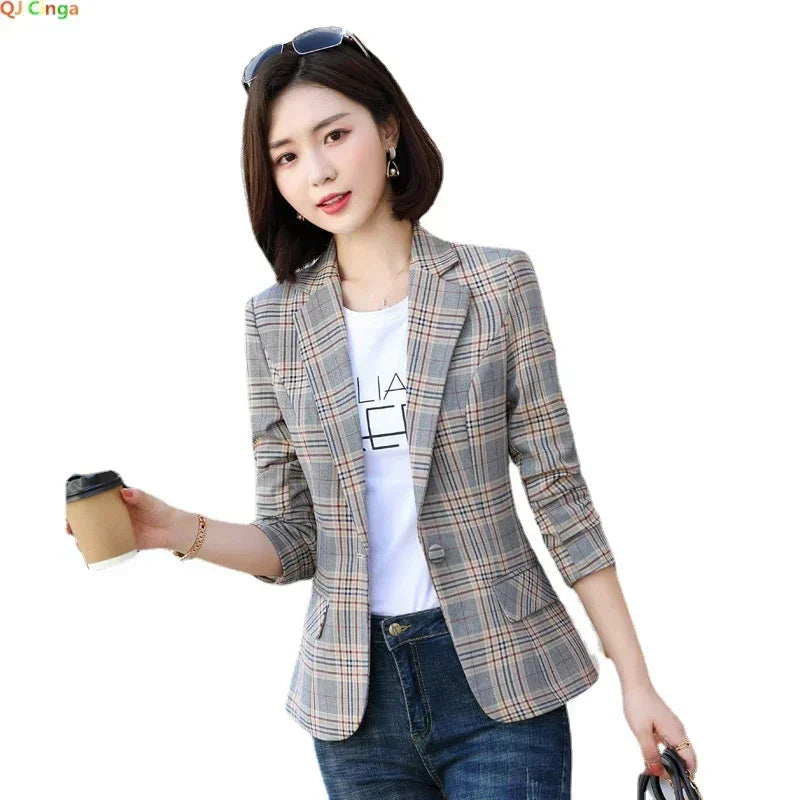 Gray Striped Plaid Blazer Jacket Women's Fashion Slim Coats V-Neck Single Button Ladies Blazers S-XXXXXL - DEA collection