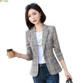 Gray Striped Plaid Blazer Jacket Women's Fashion Slim Coats V-Neck Single Button Ladies Blazers S-XXXXXL - DEA collection