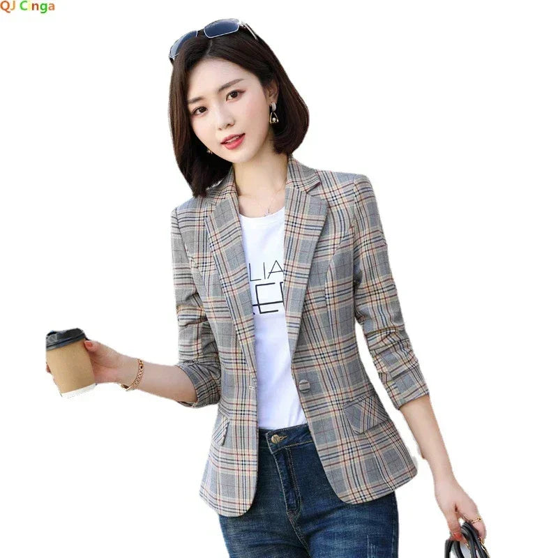 Gray Striped Plaid Blazer Jacket Women's Fashion Slim Coats V-Neck Single Button Ladies Blazers S-XXXXXL - DEA collection