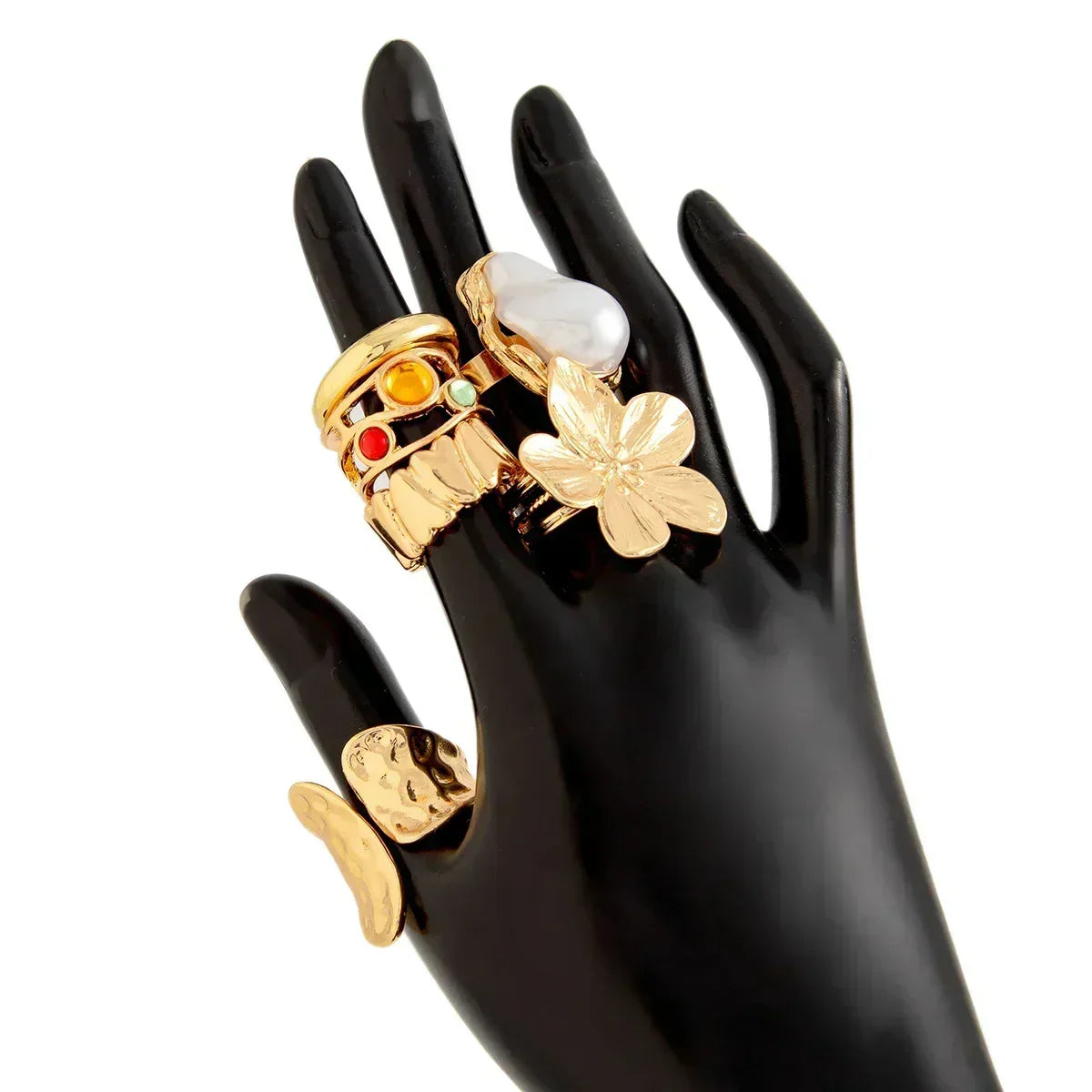 Ingemark 2025 New Irregular Exaggerated Metal Flower Open Rings Women Elegant Baroque Imitation Pearl Ring Jewelry Accessories - DEA collection
