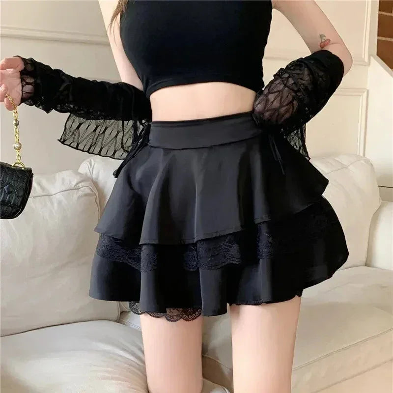 Y2K Sweet Solid Women Mini Skirt Summer High Waist Lace Patchwork Ladies Ball Gown Fashion All Match Ruffles Female Skirt - DEA collection