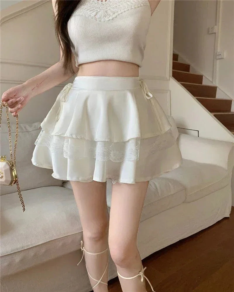 Y2K Sweet Solid Women Mini Skirt Summer High Waist Lace Patchwork Ladies Ball Gown Fashion All Match Ruffles Female Skirt - DEA collection