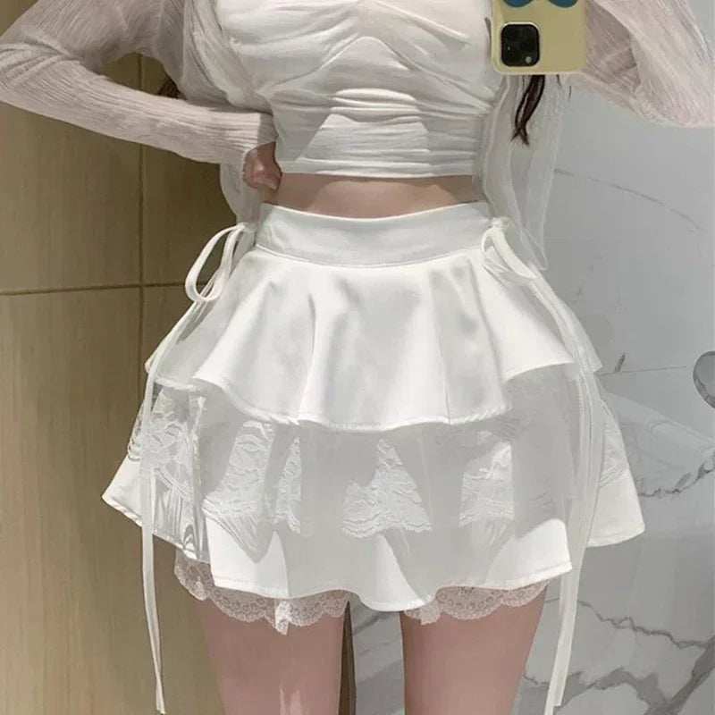 Y2K Sweet Solid Women Mini Skirt Summer High Waist Lace Patchwork Ladies Ball Gown Fashion All Match Ruffles Female Skirt - DEA collection
