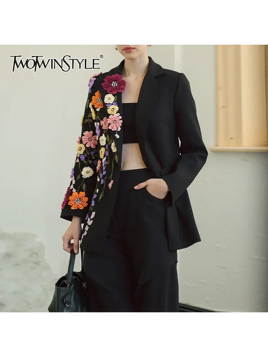 TWOTWINSTYLE Hit Color Spliced Appliques Fashion Blazers for Women Lapel Long Sleeves Patchwork Bead Temperament Blazer Female - DEA collection